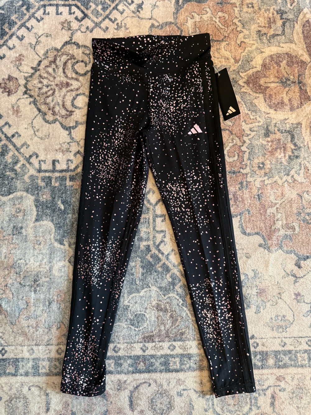 adidas kids size 10/12 Black Leggings with Pink Speckle Print